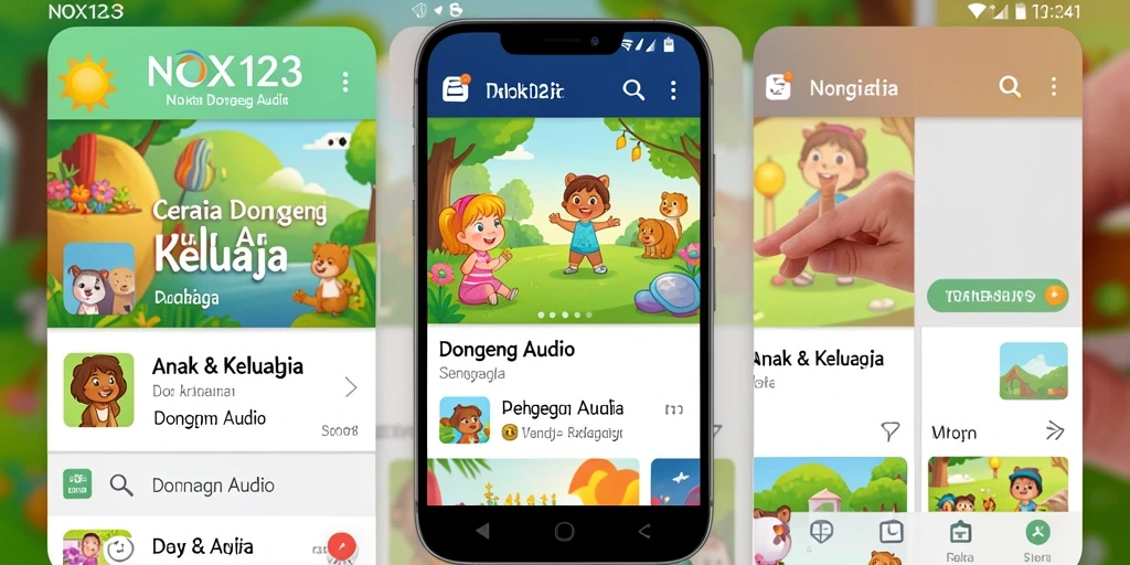 Antarmuka aplikasi NOX123 menampilkan berbagai pilihan dongeng audio untuk anak.